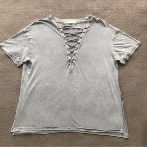 Free People We The Free Lace Up Burnout Tee Blue Gray 100% Cotton XS Cute